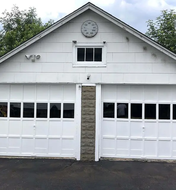 Garage doors and a porch ceiling — Garage doors and gable